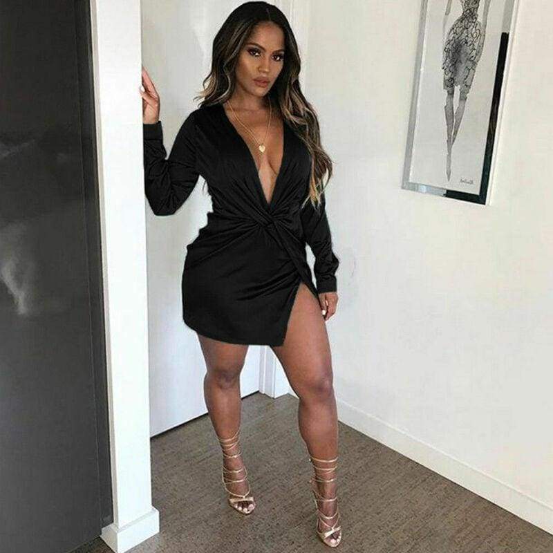 Autumn Long Sleeve Deep V Neck Satin Mini Dress Ladies Short Knot Wrap Split Party Club Dresses Mssaz Desses