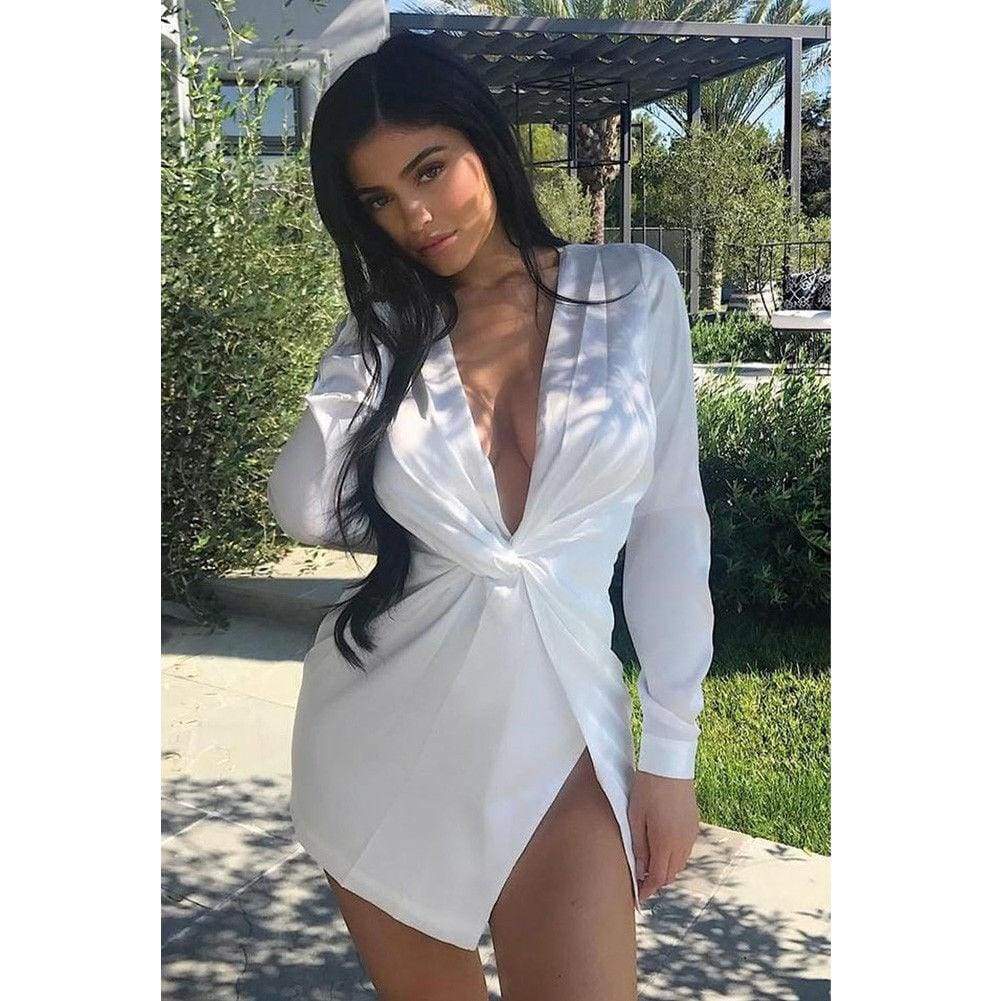 Autumn Long Sleeve Deep V Neck Satin Mini Dress Ladies Short Knot Wrap Split Party Club Dresses Mssaz Desses