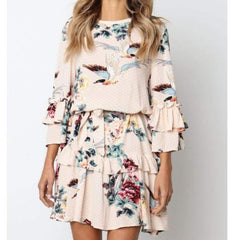 Autumn Spring Elegant Vintage Floral Ruffles Mini Dress Chsinese Printed Casual Dress Mssaz Desses
