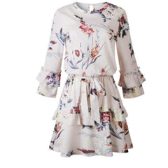 Autumn Spring Elegant Vintage Floral Ruffles Mini Dress Chsinese Printed Casual Dress Mssaz Desses