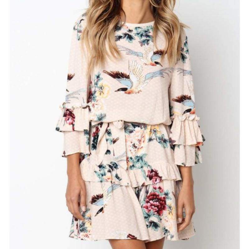 Autumn Spring Elegant Vintage Floral Ruffles Mini Dress Chsinese Printed Casual Dress Mssaz Desses