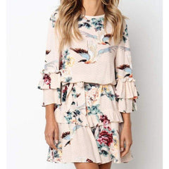 Autumn Spring Elegant Vintage Floral Ruffles Mini Dress Chsinese Printed Casual Dress Mssaz Desses