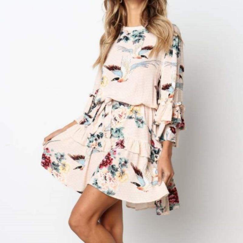 Autumn Spring Elegant Vintage Floral Ruffles Mini Dress Chsinese Printed Casual Dress Mssaz Desses