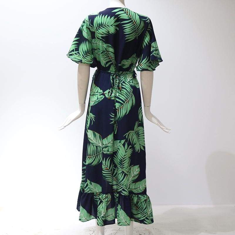 Boho Floral Ruffled Midi Dress Ladies  Beach Holiday Party Spilt Dress Sundress Mssaz Desses