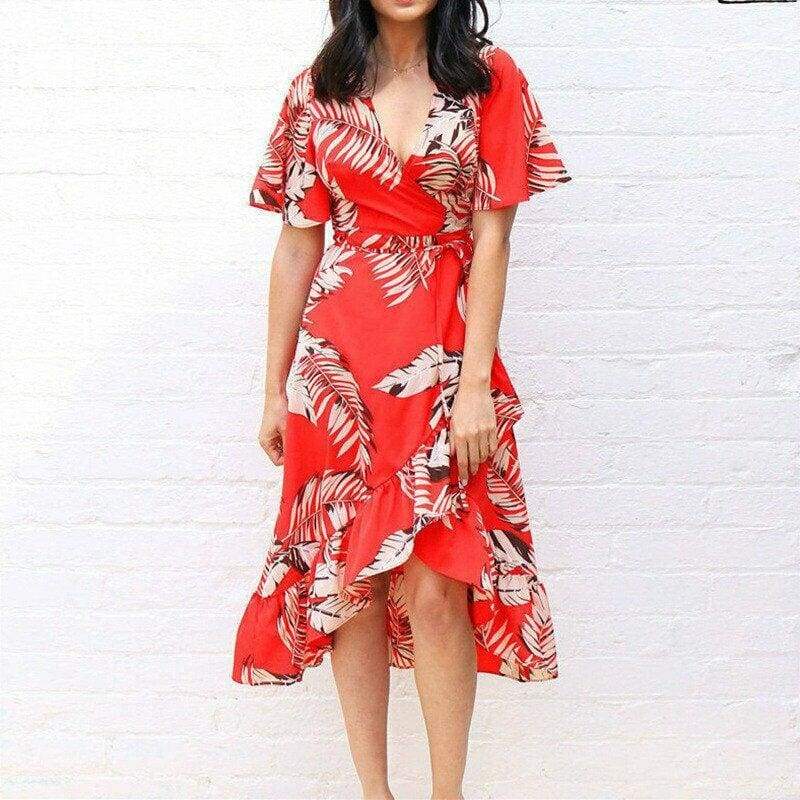 Boho Floral Ruffled Midi Dress Ladies  Beach Holiday Party Spilt Dress Sundress Mssaz Desses