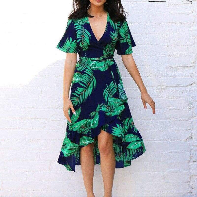 Boho Floral Ruffled Midi Dress Ladies  Beach Holiday Party Spilt Dress Sundress Mssaz Desses