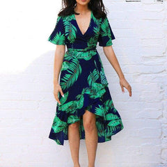 Boho Floral Ruffled Midi Dress Ladies  Beach Holiday Party Spilt Dress Sundress Mssaz Desses