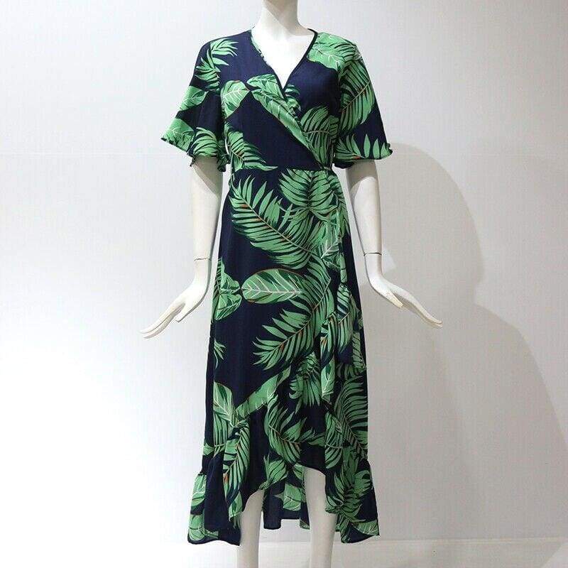 Boho Floral Ruffled Midi Dress Ladies  Beach Holiday Party Spilt Dress Sundress Mssaz Desses
