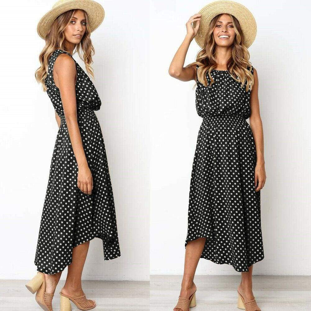 Boho Sleeveless Midi Dress Polka Dot  Party High Waist O-Neck Holiday Beach Dress Sundress Mssaz Desses