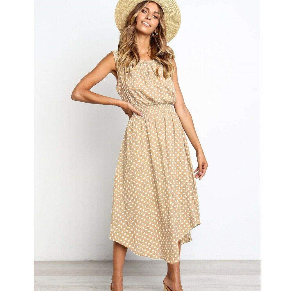 Boho Sleeveless Midi Dress Polka Dot  Party High Waist O-Neck Holiday Beach Dress Sundress Mssaz Desses