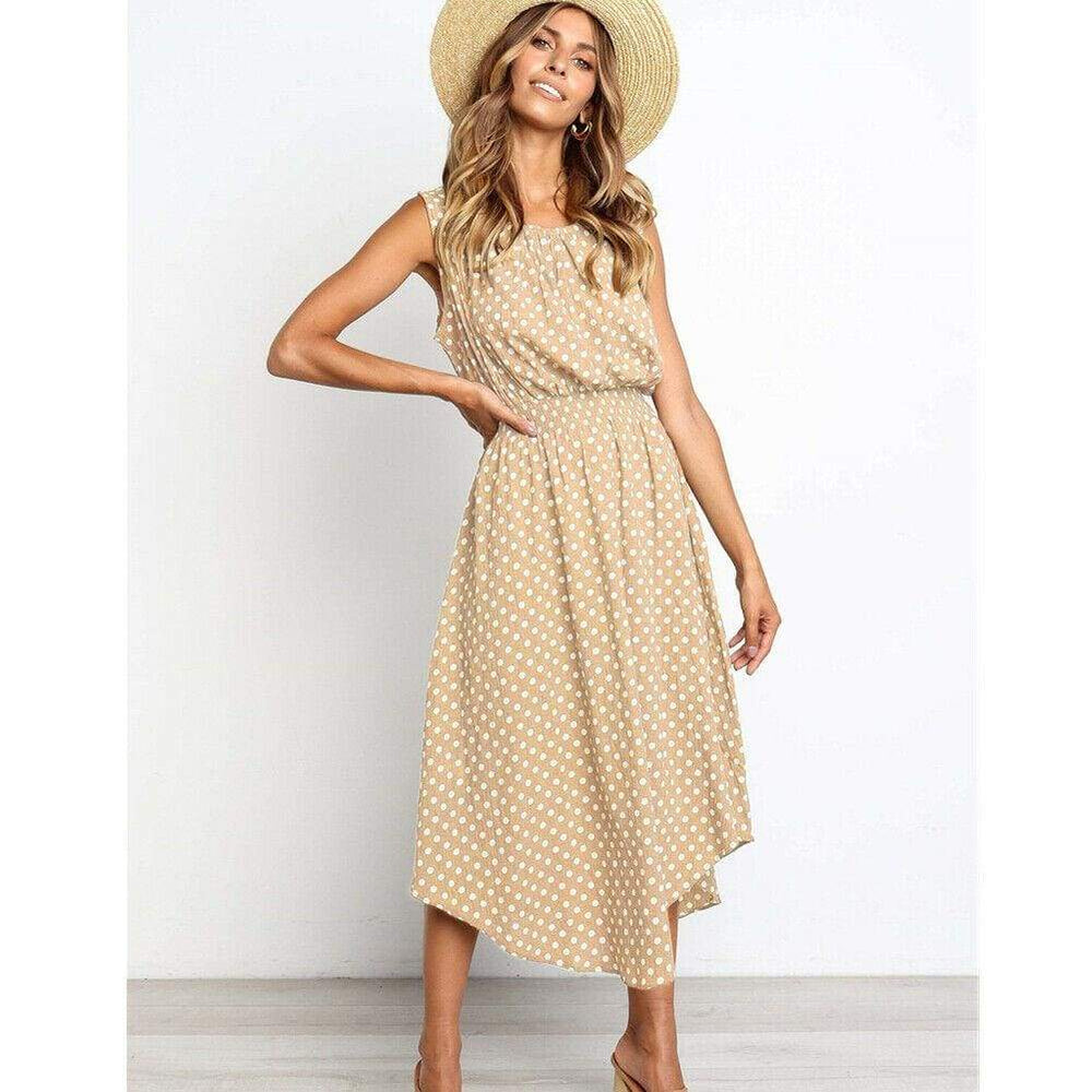 Boho Sleeveless Midi Dress Polka Dot  Party High Waist O-Neck Holiday Beach Dress Sundress Mssaz Desses