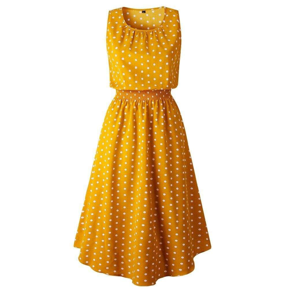 Boho Sleeveless Midi Dress Polka Dot  Party High Waist O-Neck Holiday Beach Dress Sundress Mssaz Desses