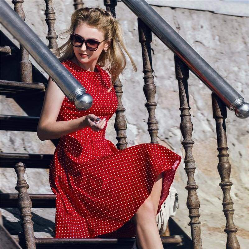 Dress Vintage Printed Dot A-Line O-Neck Bow Sashes Mssaz Desses
