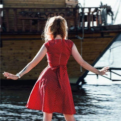 Dress Vintage Printed Dot A-Line O-Neck Bow Sashes Mssaz Desses