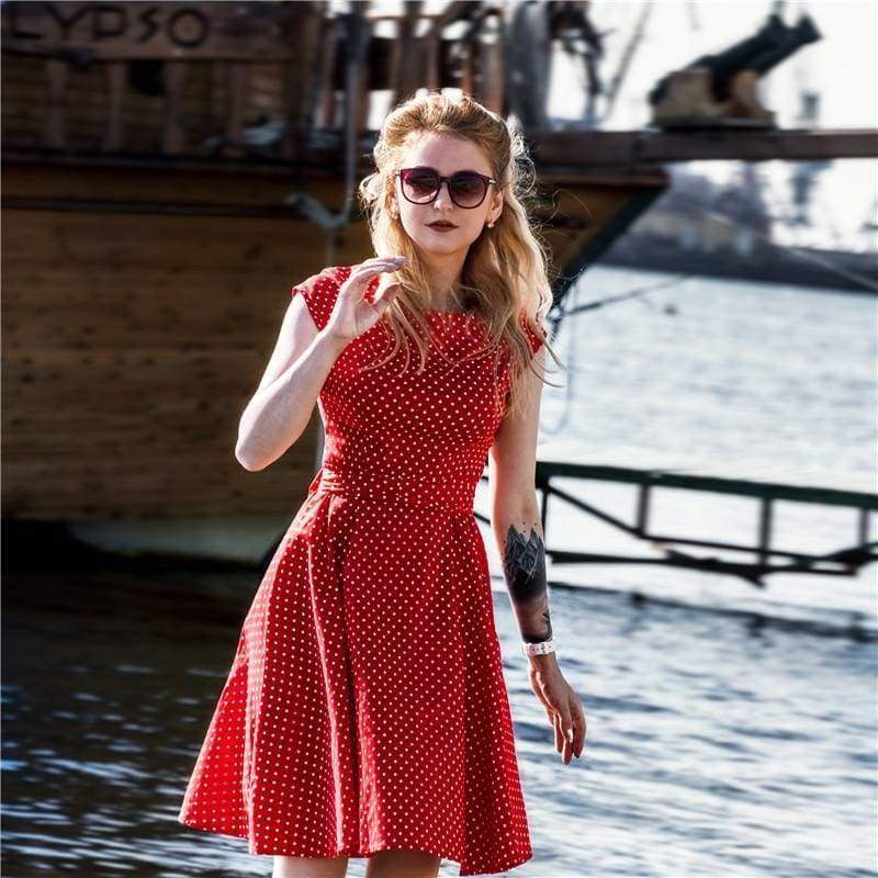 Dress Vintage Printed Dot A-Line O-Neck Bow Sashes Mssaz Desses