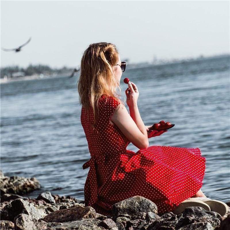 Dress Vintage Printed Dot A-Line O-Neck Bow Sashes Mssaz Desses