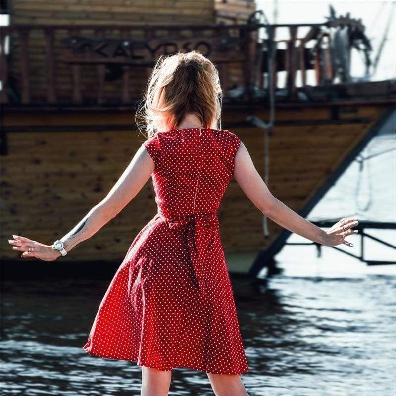 Dress Vintage Printed Dot A-Line O-Neck Bow Sashes Mssaz Desses