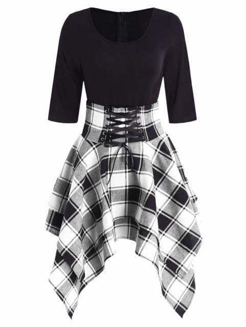 Lace Up Plaid Asymmetrical Dress O-Neck Mssaz Desses