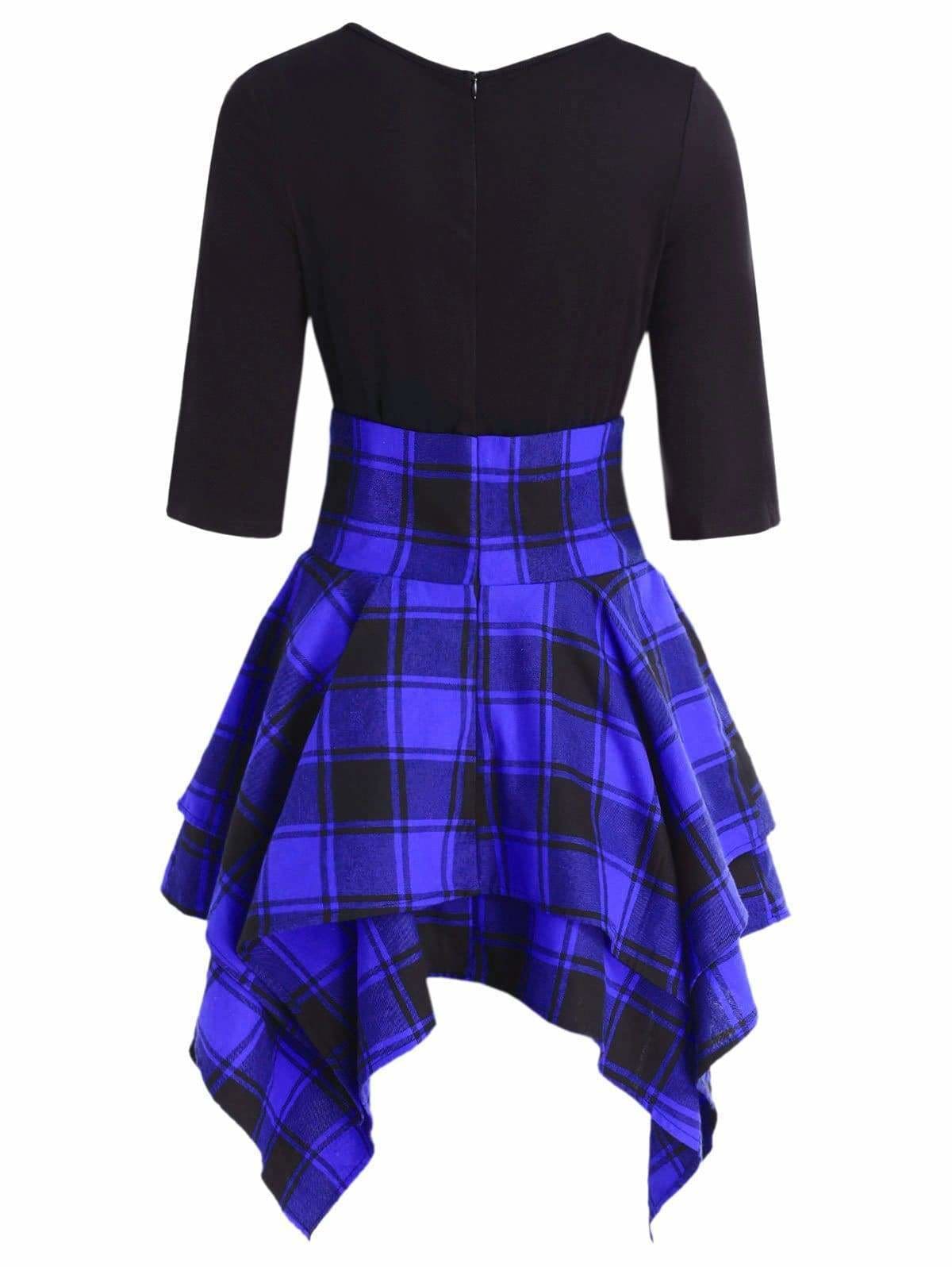 Lace Up Plaid Asymmetrical Dress O-Neck Mssaz Desses