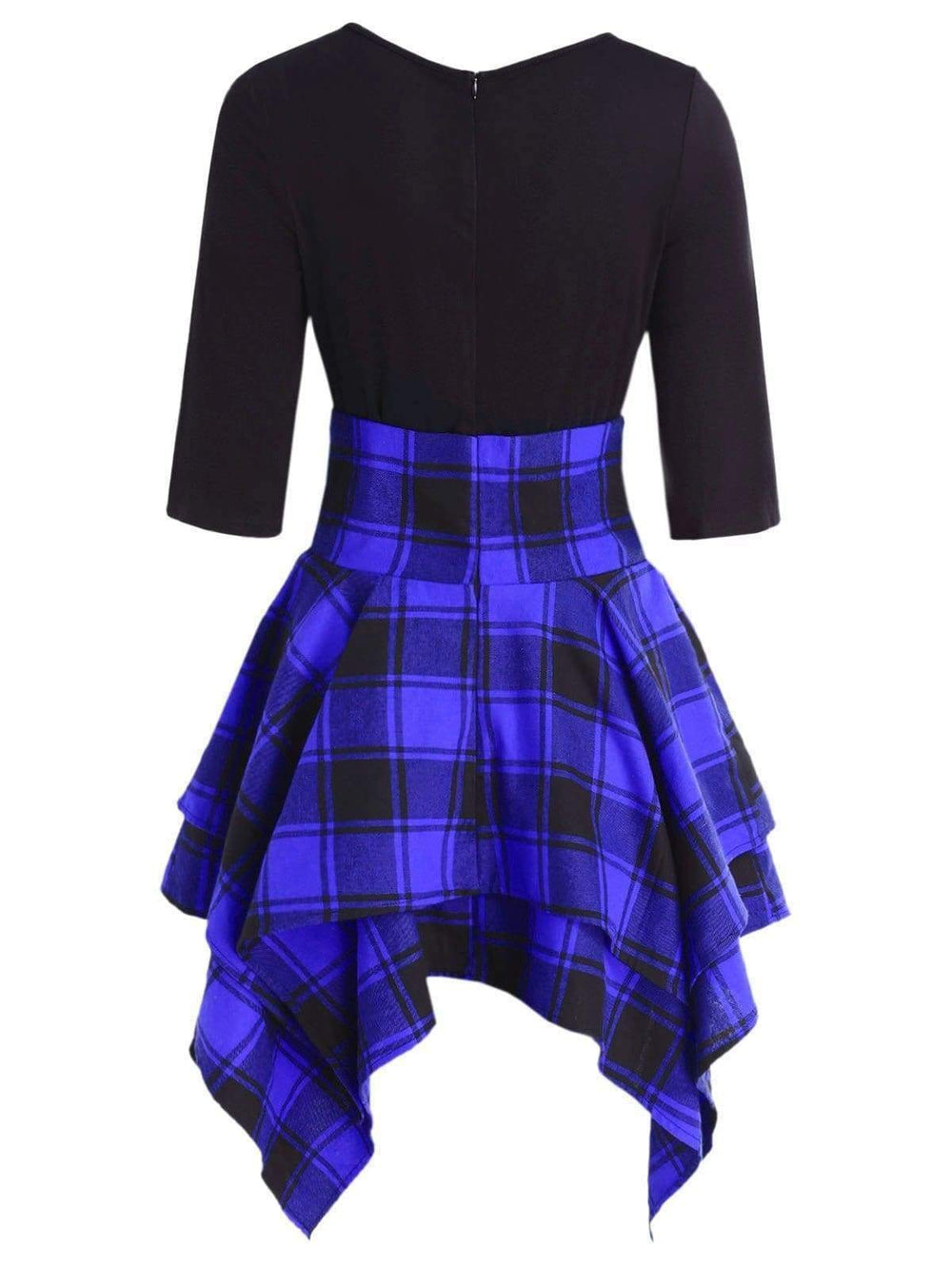 Lace Up Plaid Asymmetrical Dress O-Neck Mssaz Desses
