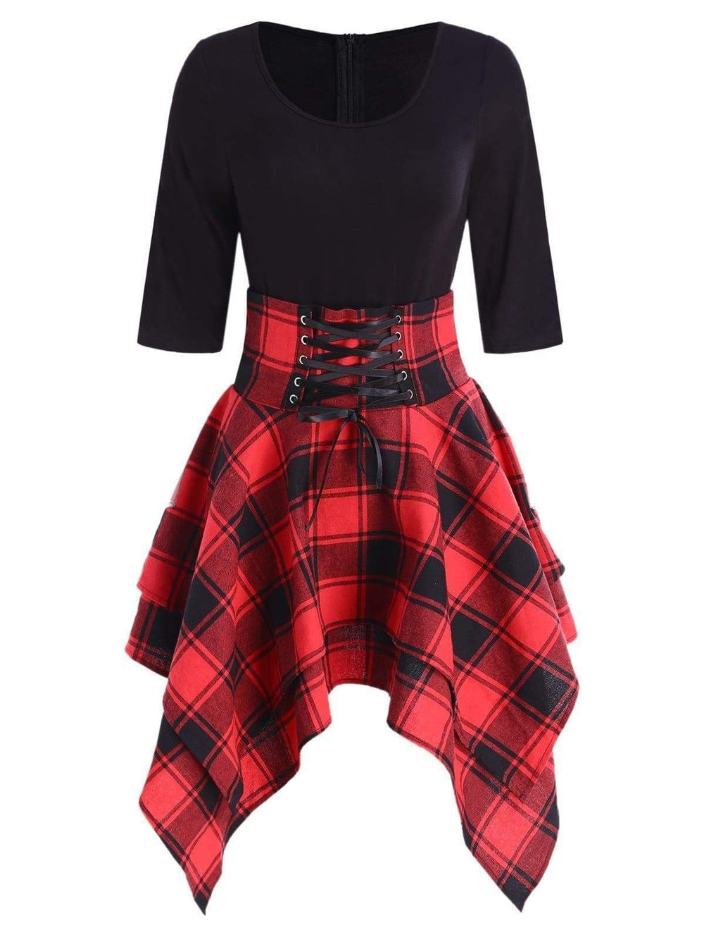 Lace Up Plaid Asymmetrical Dress O-Neck Mssaz Desses