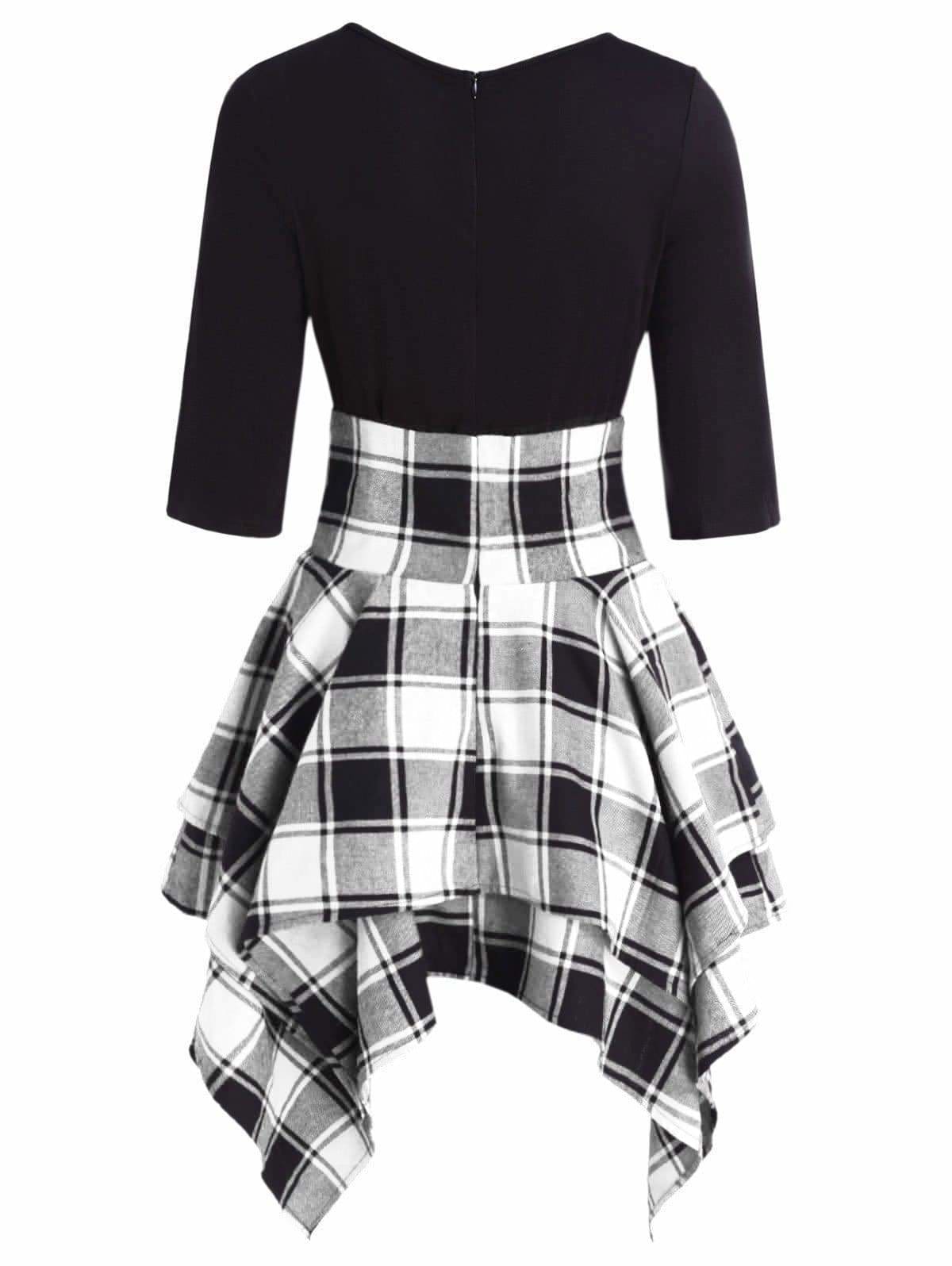 Lace Up Plaid Asymmetrical Dress O-Neck Mssaz Desses