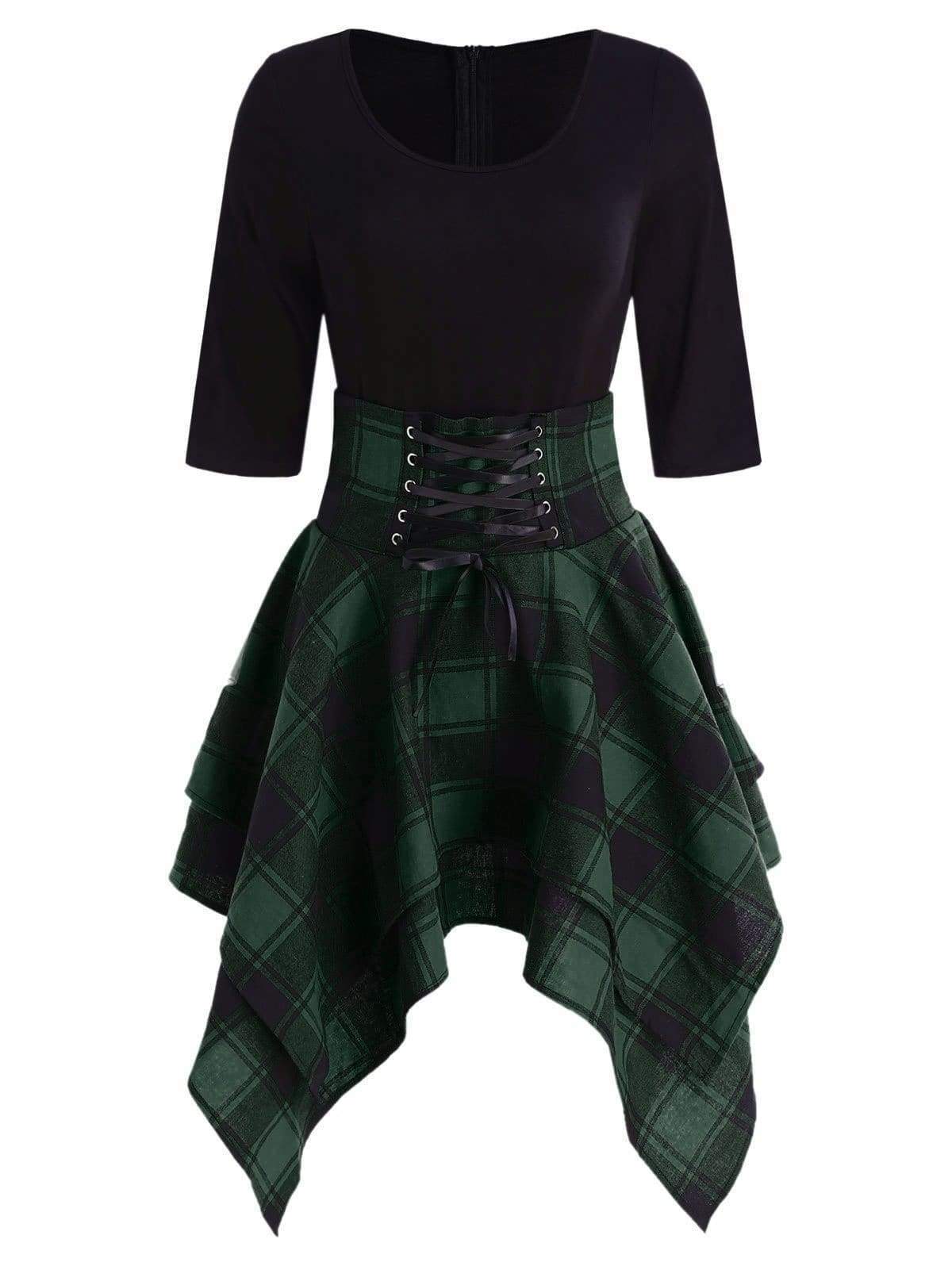 Lace Up Plaid Asymmetrical Dress O-Neck Mssaz Desses