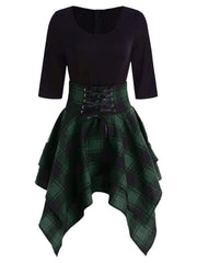 Lace Up Plaid Asymmetrical Dress O-Neck Mssaz Desses