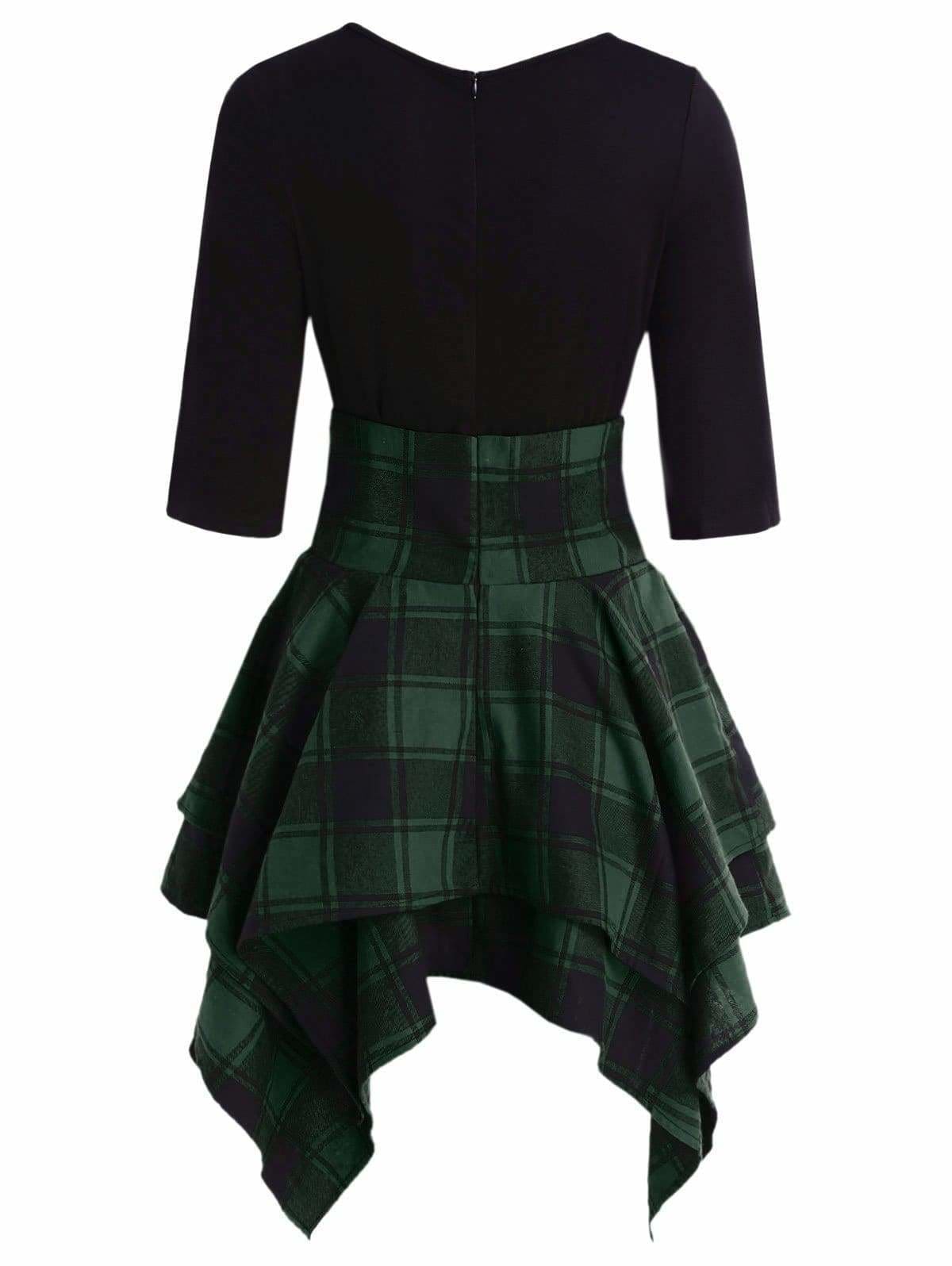 Lace Up Plaid Asymmetrical Dress O-Neck Mssaz Desses