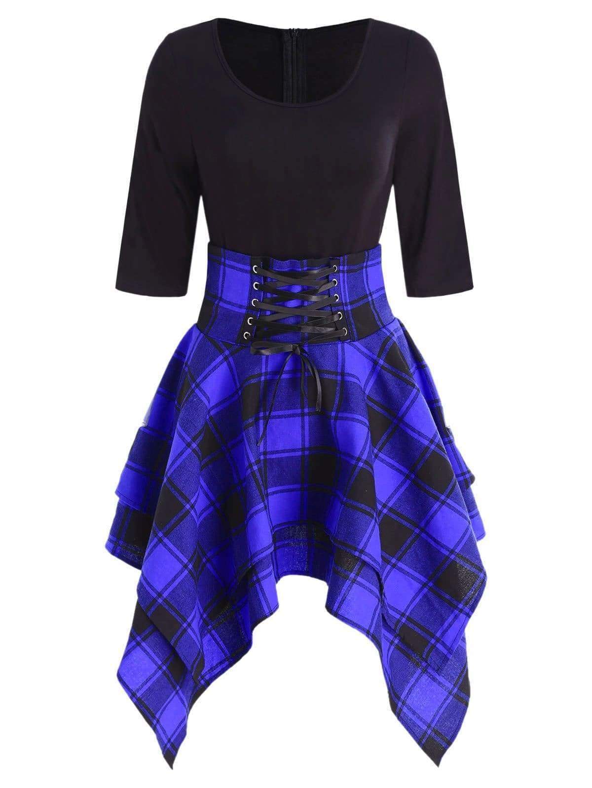 Lace Up Plaid Asymmetrical Dress O-Neck Mssaz Desses