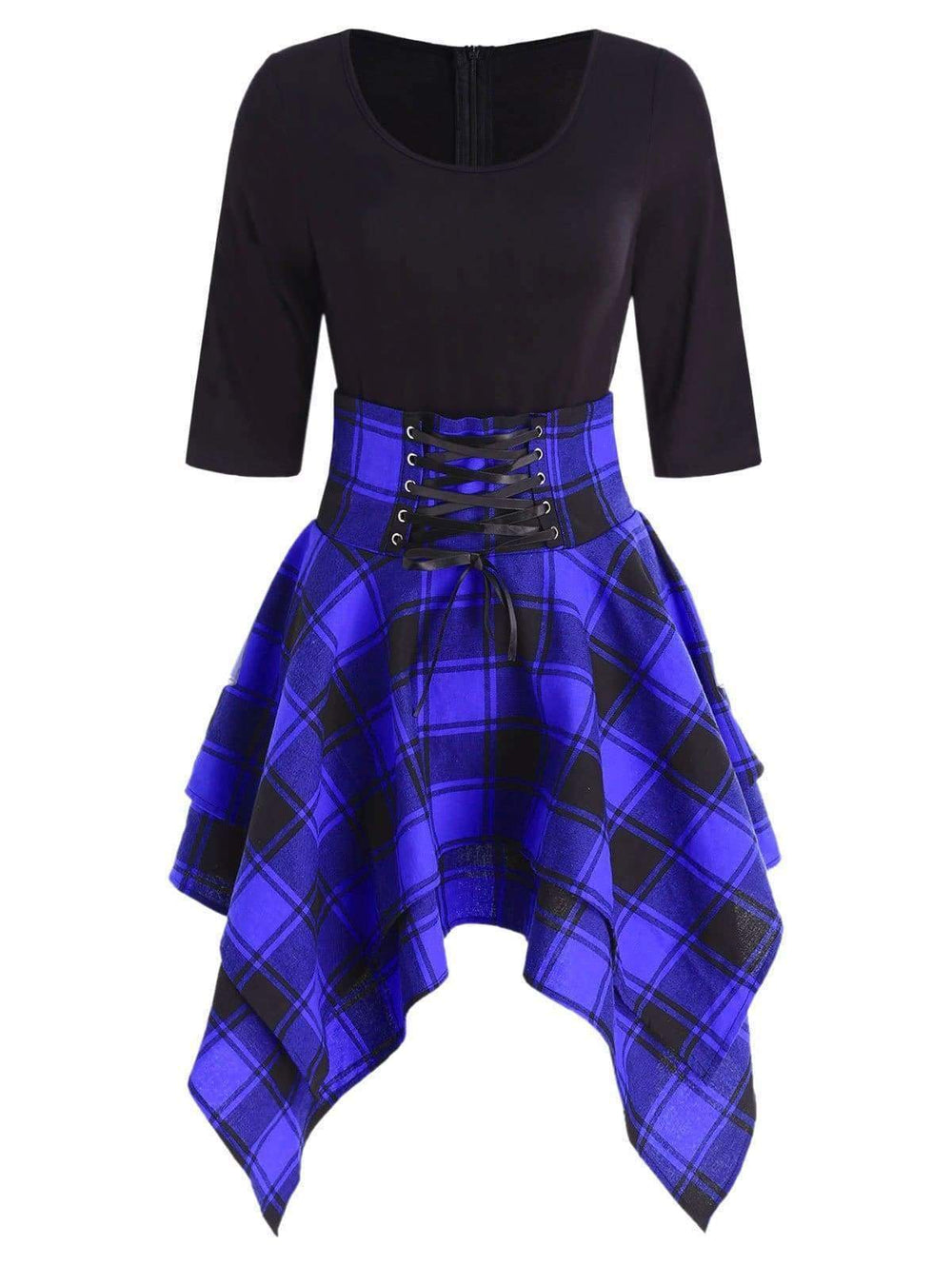 Lace Up Plaid Asymmetrical Dress O-Neck Mssaz Desses