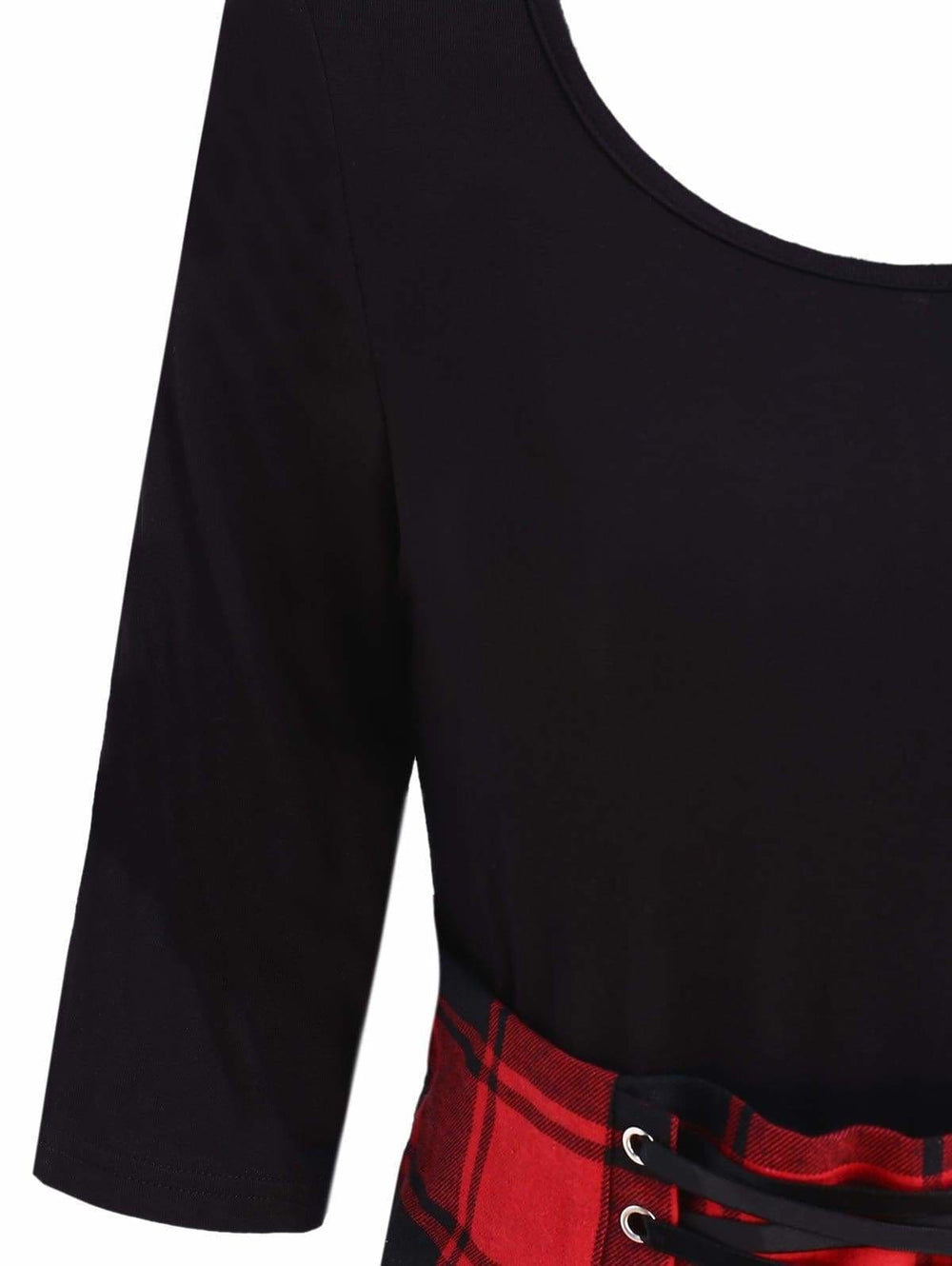 Lace Up Plaid Asymmetrical Dress O-Neck Mssaz Desses