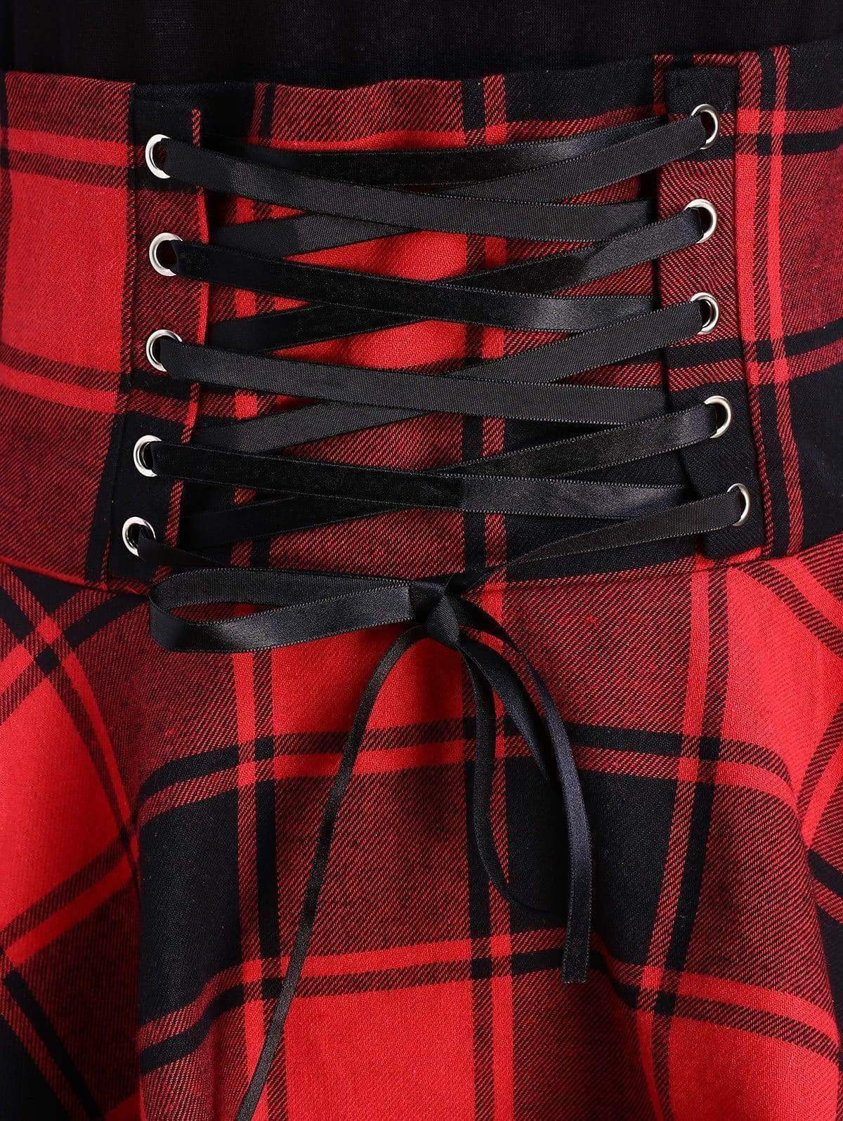 Lace Up Plaid Asymmetrical Dress O-Neck Mssaz Desses