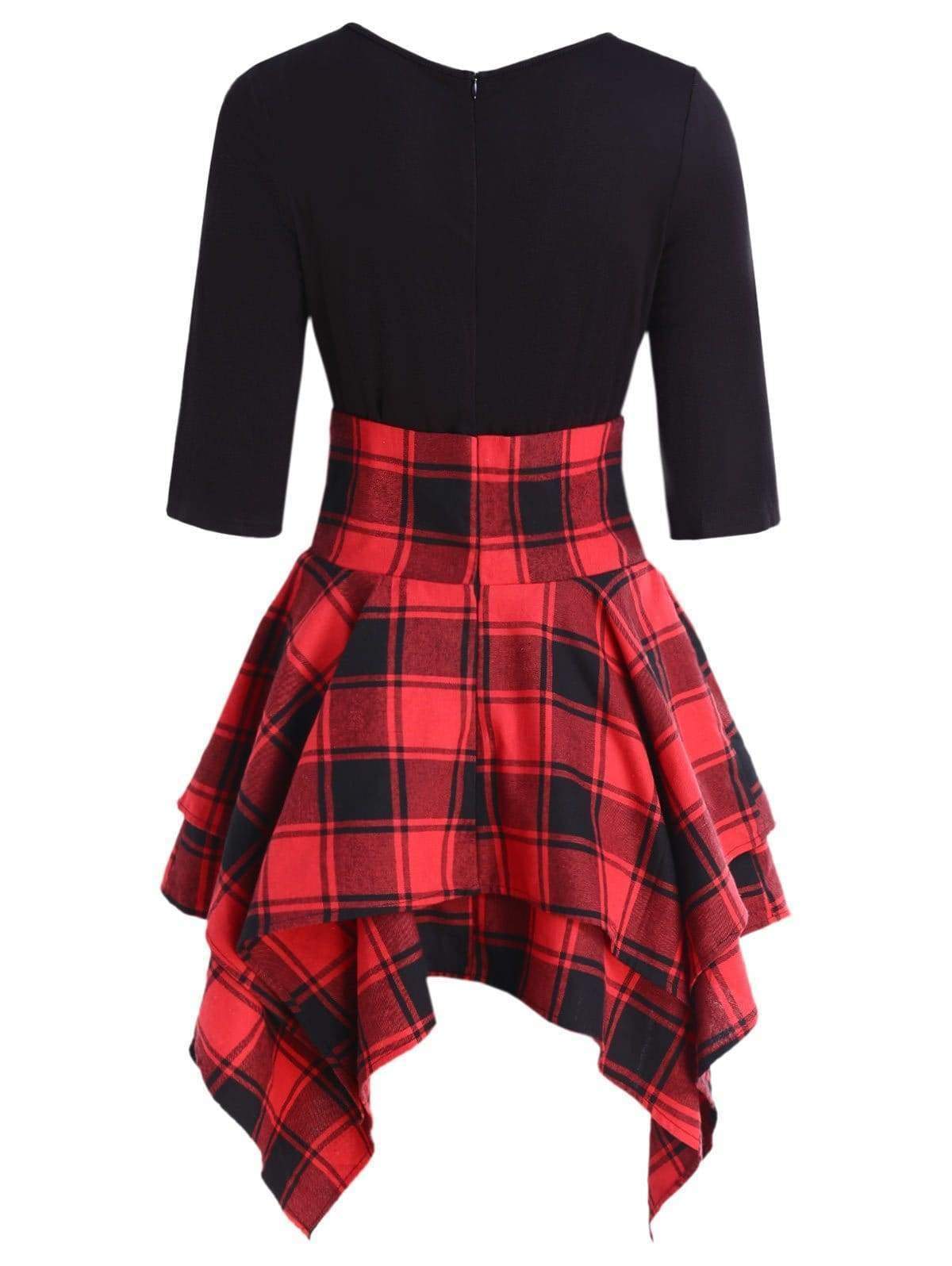Lace Up Plaid Asymmetrical Dress O-Neck Mssaz Desses