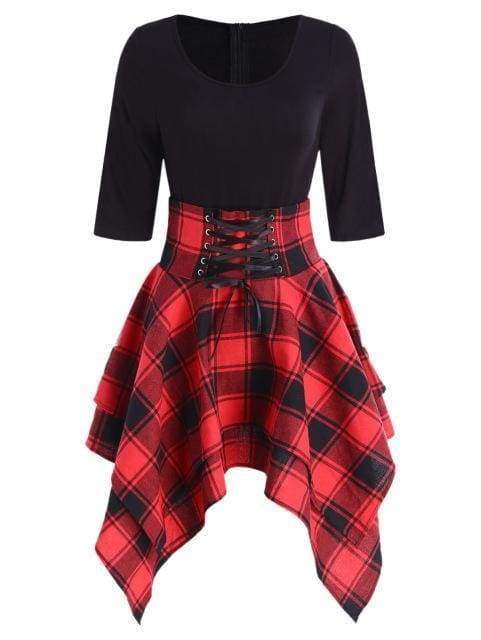 Lace Up Plaid Asymmetrical Dress O-Neck Mssaz Desses