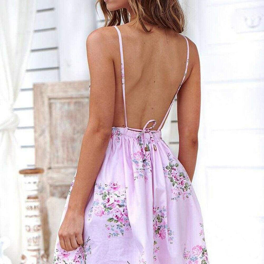 Ladies Backless Boho Floral Strappy Dress  Holiday Casual Beach Sleeveless V-Neck Sundress Mssaz Desses