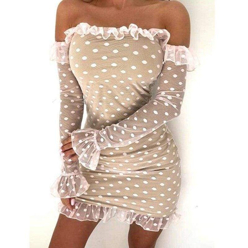Ladies See-through Base Dress Flared Long Sleeve Off-shoulder Polka Dots Printed Short Mini Dress Mssaz Desses