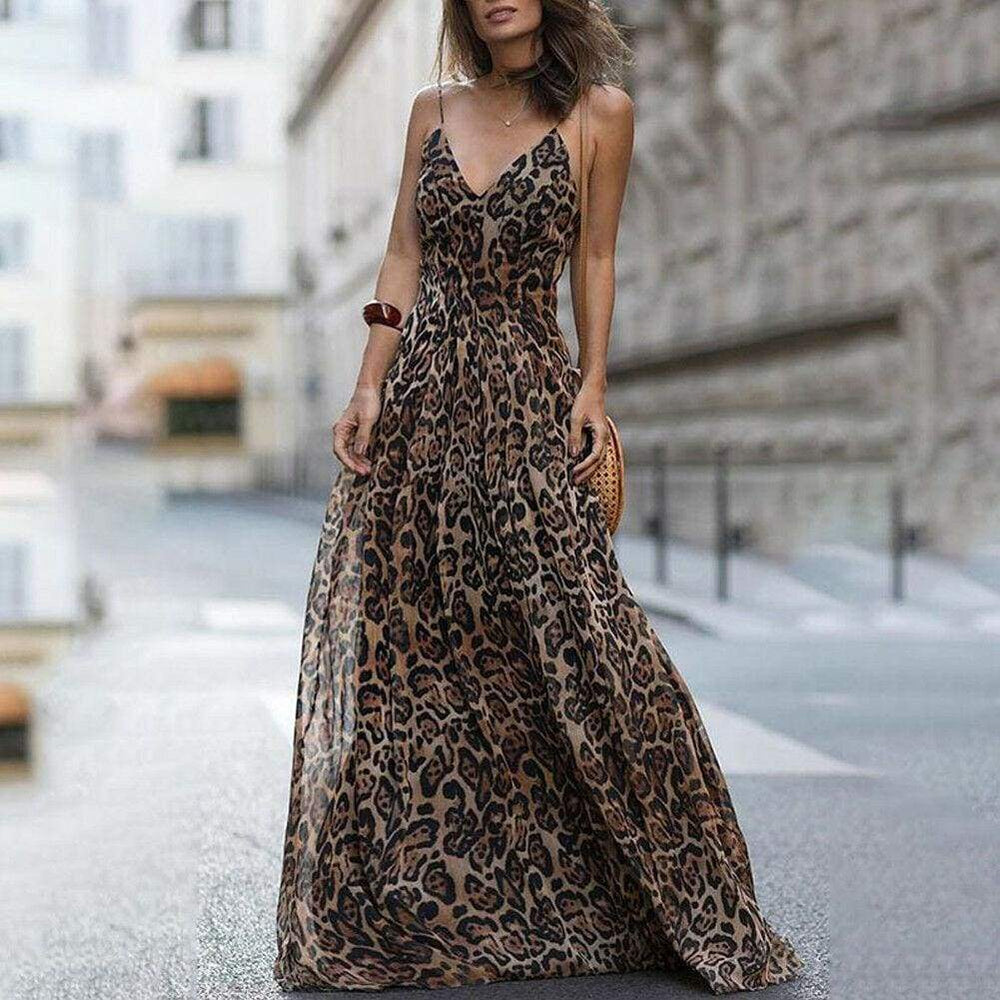 Leopard Print Sleeveless Maxi Long Dress Ladies Party V Neck  Beach  Dress Sundress Mssaz Desses