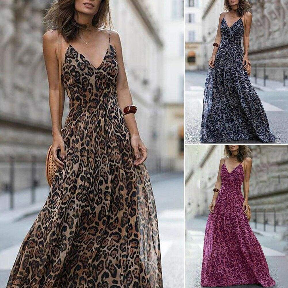 Leopard Print Sleeveless Maxi Long Dress Ladies Party V Neck  Beach  Dress Sundress Mssaz Desses