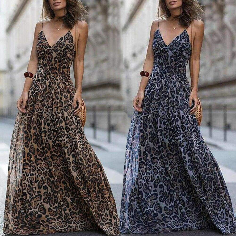 Leopard Print Sleeveless Maxi Long Dress Ladies Party V Neck  Beach  Dress Sundress Mssaz Desses