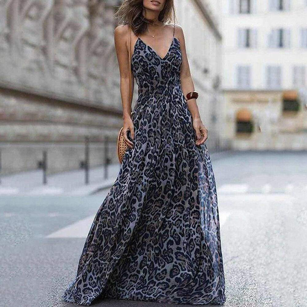 Leopard Print Sleeveless Maxi Long Dress Ladies Party V Neck  Beach  Dress Sundress Mssaz Desses