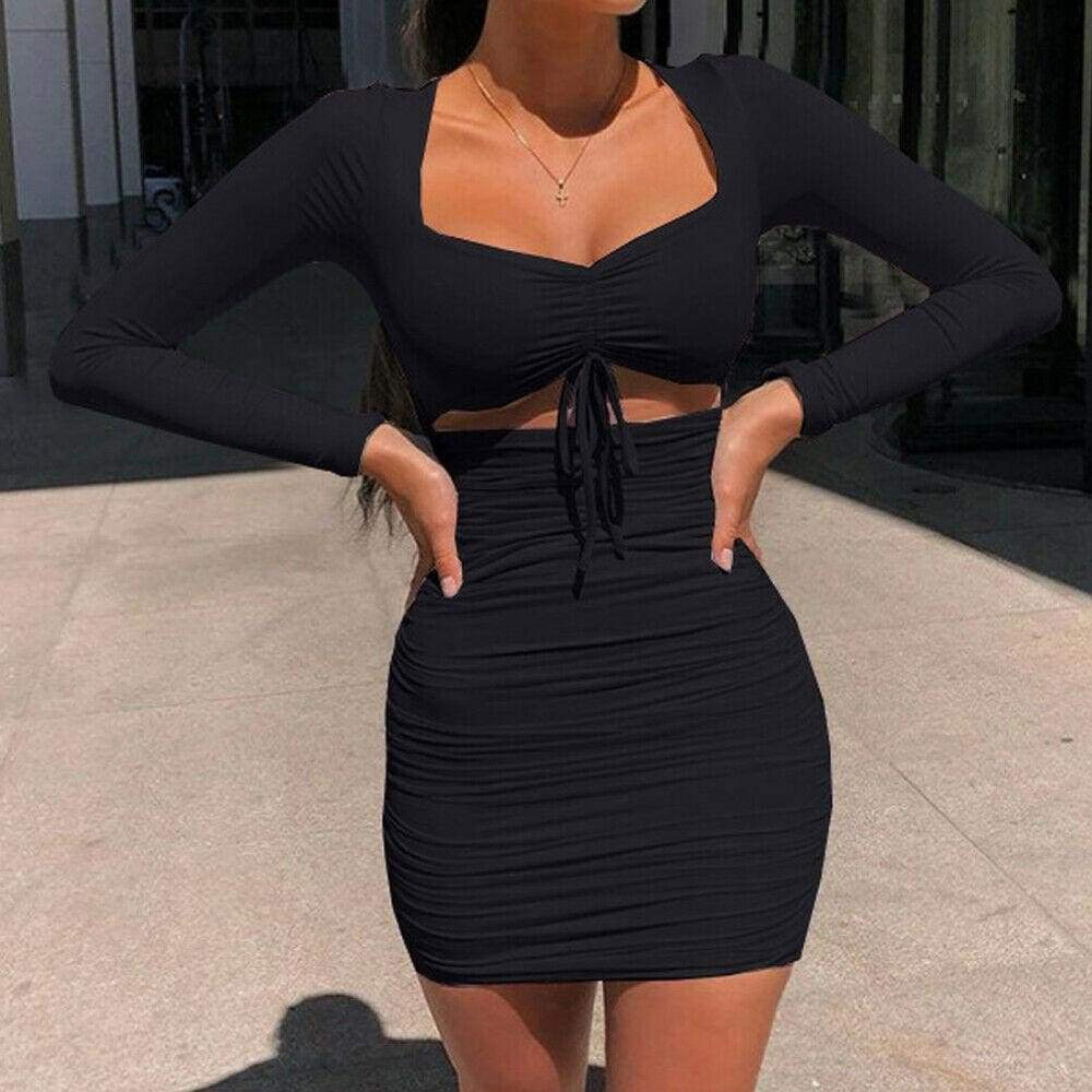 Long Sleeve Drawstring V Neck Mini Dress Ladies Casual Square Collar Party Bodycon Slim Fit Dress Clubwear Mssaz Desses