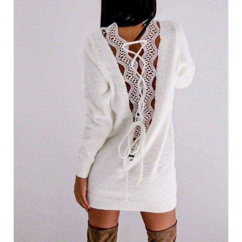 Long Sleeve Knitted Sweater Mini Dress Autumn Winter Lady Backless Party Club Casual Jumper Dress Mssaz Desses