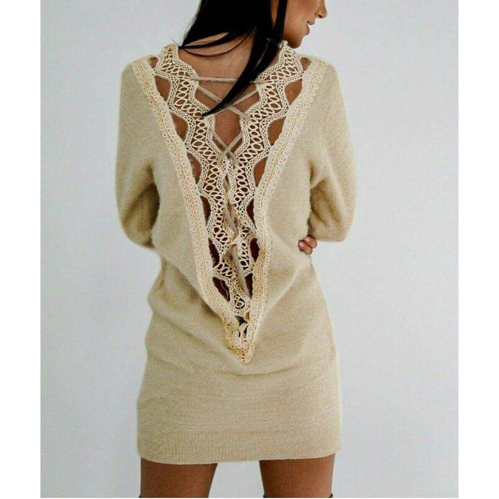 Long Sleeve Knitted Sweater Mini Dress Autumn Winter Lady Backless Party Club Casual Jumper Dress Mssaz Desses