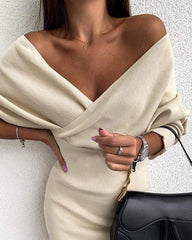 Long Sleeve Winter Dress Solid Off Shoulder Tight Waist Dress Mssaz Desses