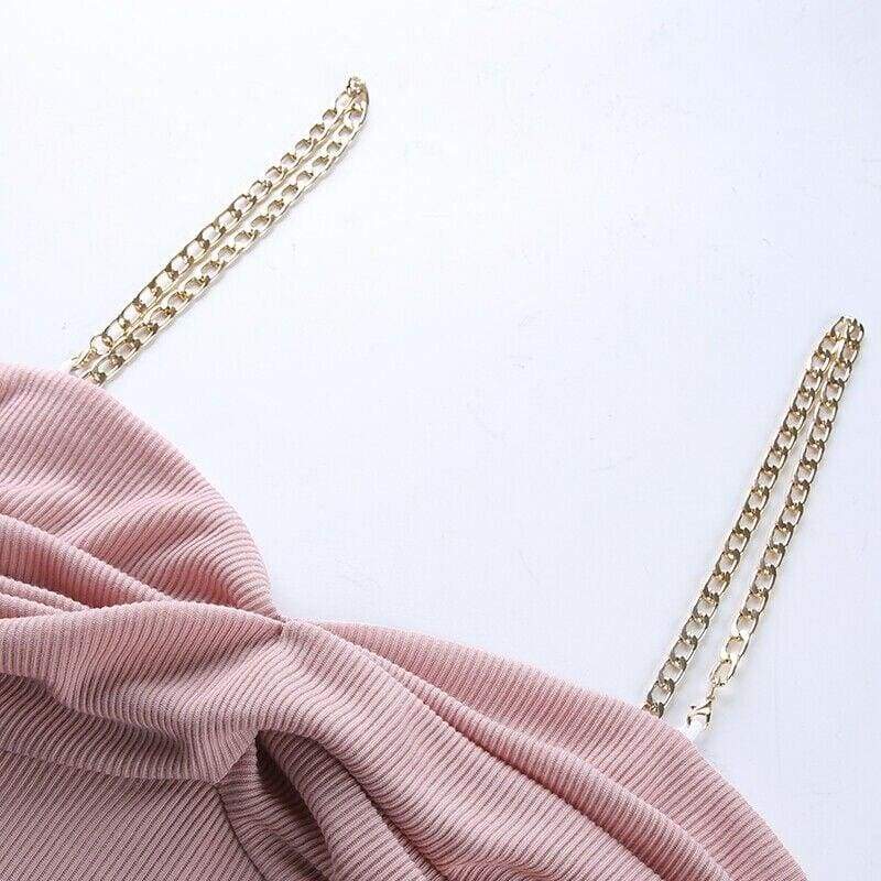 Plain Detachable Metal Chain Solid Strappy Party Package Hip Mini Dress Stretch Sling Casual Dress Mssaz Desses