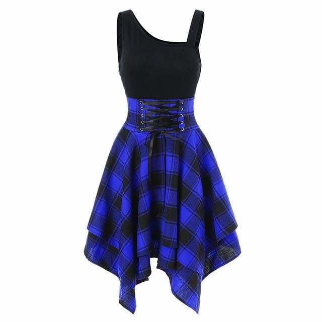 Sleeveless Cold Shoulder Cross Lace Up Plaid Asymmetrical Dress Mssaz Desses