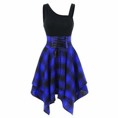 Sleeveless Cold Shoulder Cross Lace Up Plaid Asymmetrical Dress Mssaz Desses