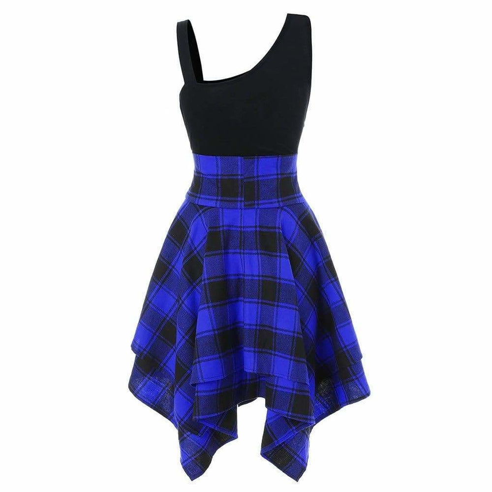 Sleeveless Cold Shoulder Cross Lace Up Plaid Asymmetrical Dress Mssaz Desses