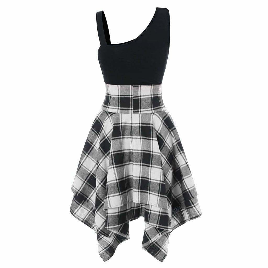 Sleeveless Cold Shoulder Cross Lace Up Plaid Asymmetrical Dress Mssaz Desses